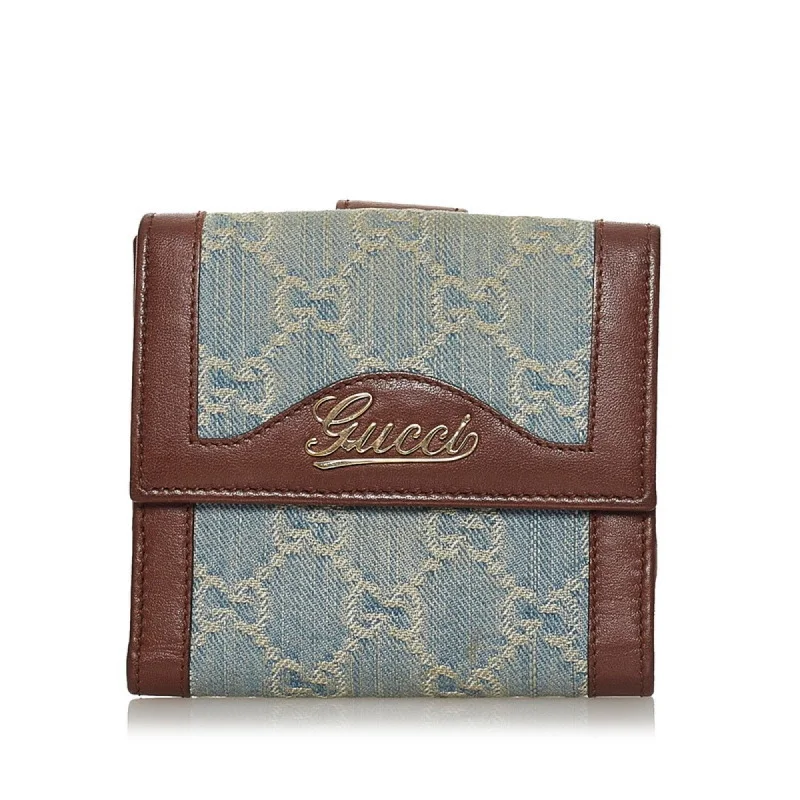 Women Gucci bags with a magnetic snap closure for easy accessGucci GG Canvas Folio Wallet 282412 Blue Brown Leather Ladies Gucci