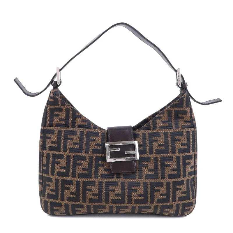 Fendi bags with a patent - leather finish for a shiny and sophisticated appearanceFENDI Zucca Canvas Leather Shoulder Bag Brown Black 26569