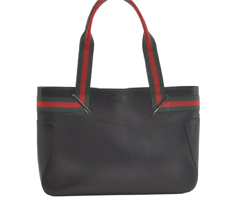 Women Gucci tote bags in GG Supreme canvas for a branded feelAuthentic GUCCI Web Sherry Line Shoulder Tote Bag Leather Black 2275K