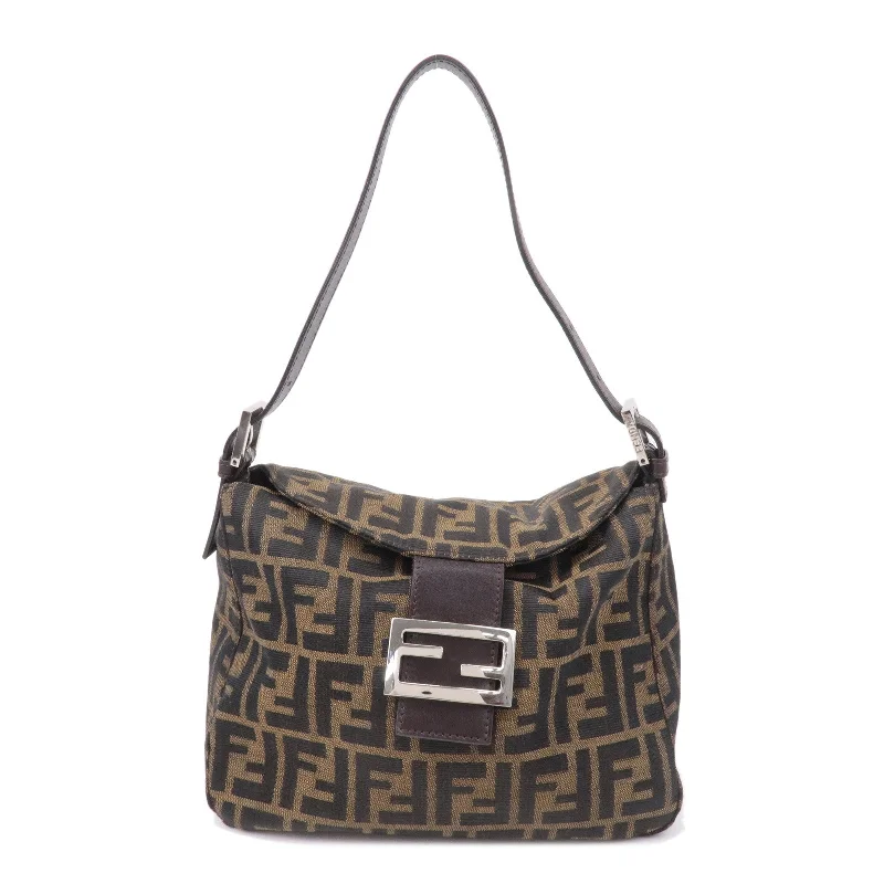 Fendi bags with a touch - screen - friendly pocket for using devices without taking them outFENDI Zucca Canvas Leather Shoulder Bag Brown Black 26462