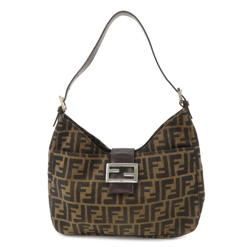 Ladies Fendi shoulder bags with a detachable phone stand for hands - free viewingFENDI Zucca Canvas Leather Shoulder Bag Brown Black 265690