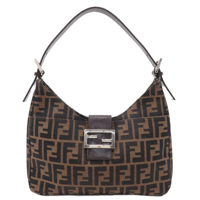 Fendi handbags with a beaded trim for a glamorous and eye - catching lookFENDI Zucca Canvas Leather Shoulder Bag Brown Black 26569