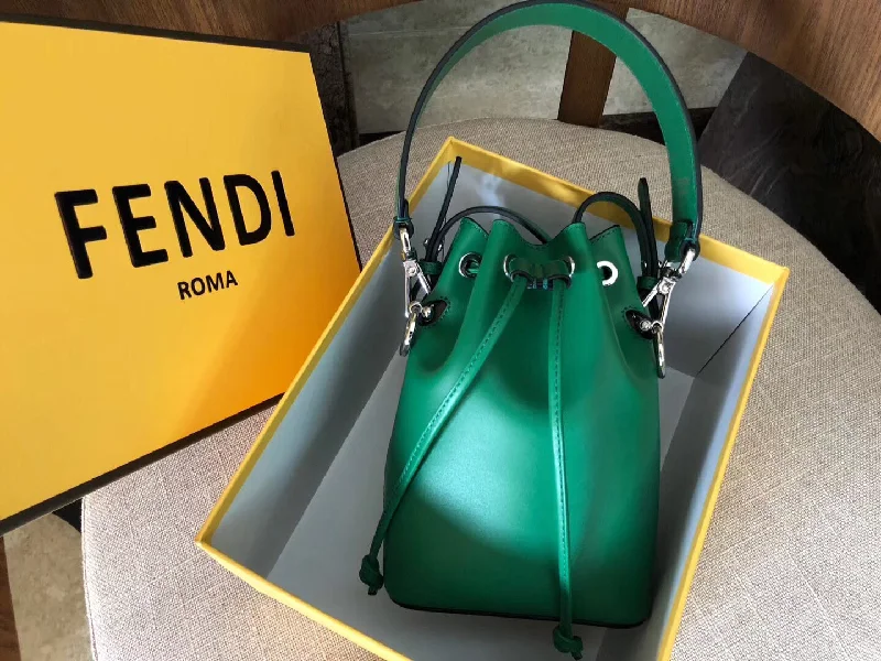 Fendi handbags with a metal - framed clasp for durability and a stylish lookFendi Mon Tresor Mini Bucket Bag In Green Calfskin