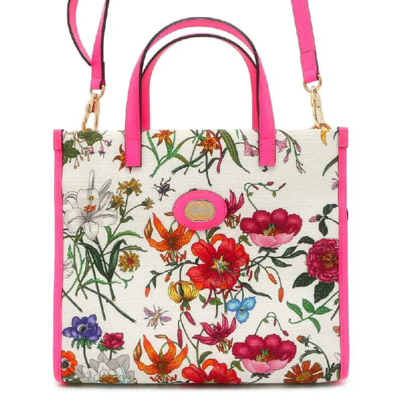 Women Gucci crossbody bags with a printed floral patternGUCCI Interlocking G Flora 2WAY Shoulder Bag White/Pink 550141 Canvas Leather