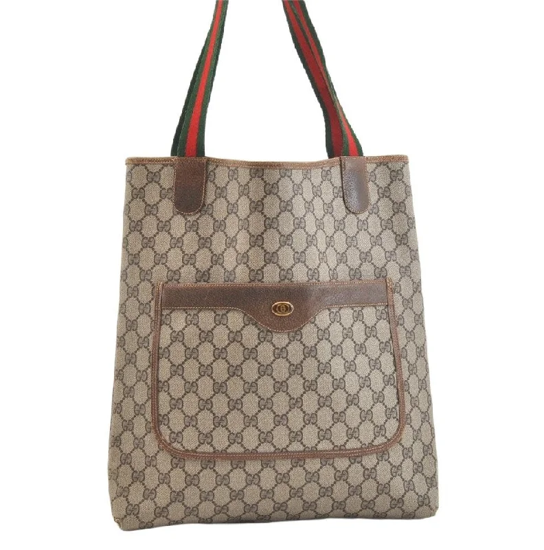 Gucci tote bags for women with a water - resistant coatingAuthentic GUCCI Web Sherry Line Shoulder Tote Bag GG PVC Leather Brown 2456K