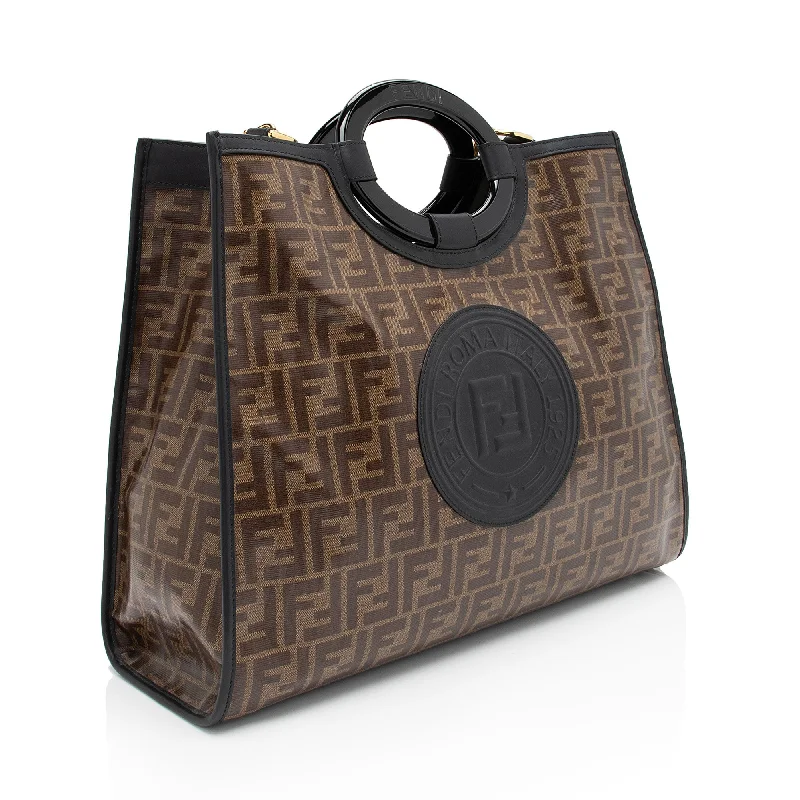 Fendi tote bags with a snap - button closure and a decorative charm for a fashionable and personalized lookFendi FF Coated Canvas 1974 Runaway Shopper Tote (SHF-tIEaHe)