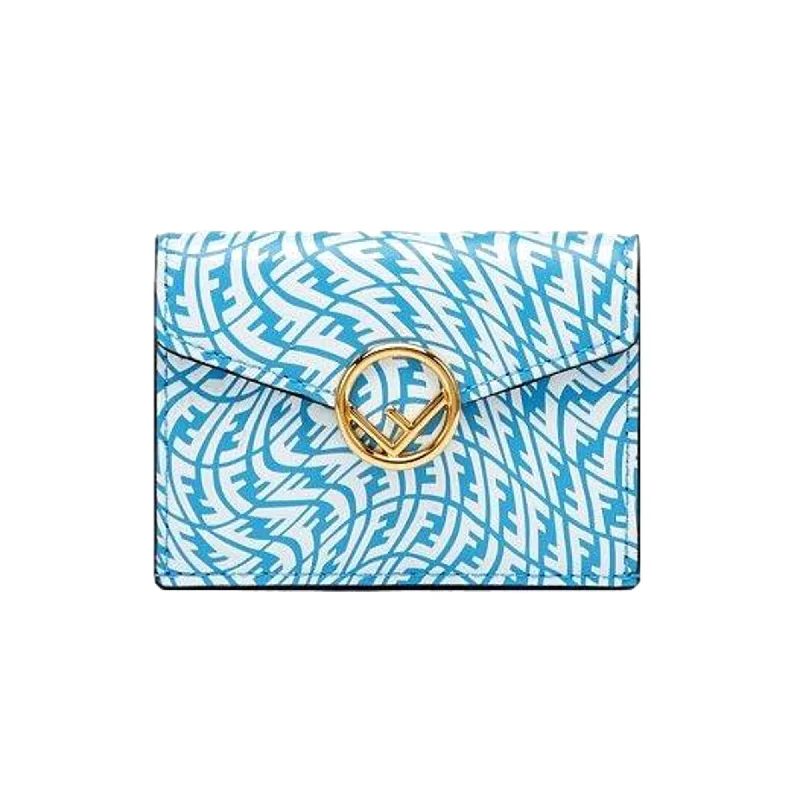 Fendi crossbody bags with a reflective strap for safety during low - light conditionsFendi F is Fendi Cyber Blue Leather Vertigo Print Small Trifold Wallet