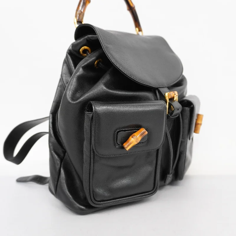 Women Gucci bags with a zip - around closure for securityGUCCI  Bamboo Rucksack 003 2058 0016 Women,Men,Unisex Leather Backpack Black