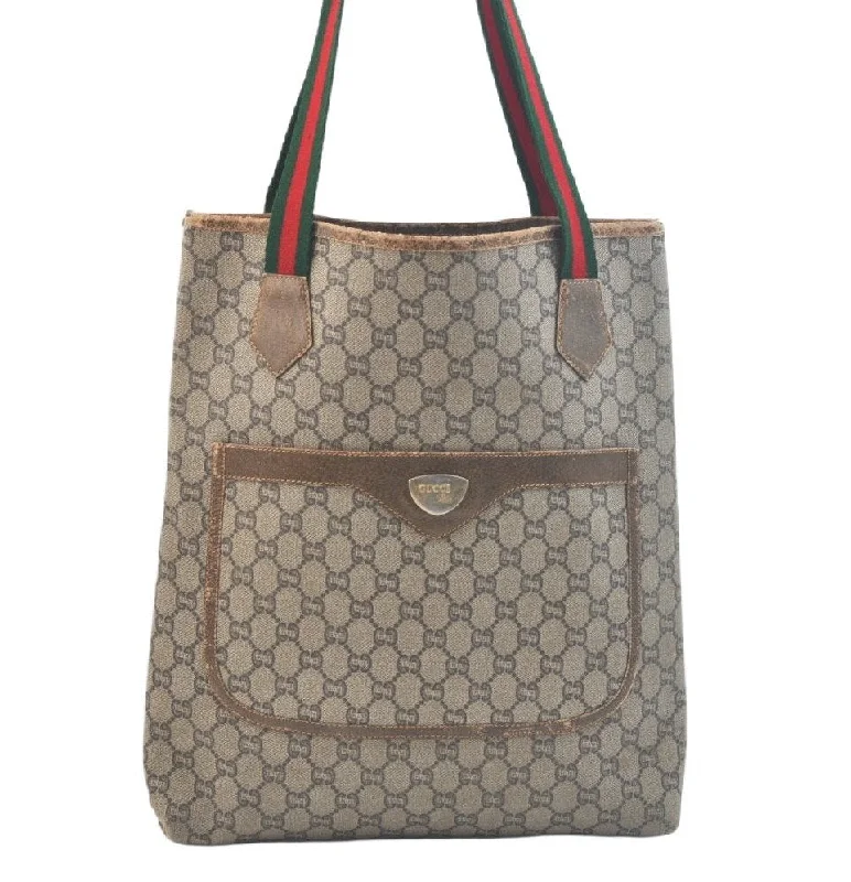 Gucci backpacks for women with a multi - pocket designAuth GUCCI GG Plus Web Sherry Line Shoulder Tote Bag PVC Leather Brown K5496