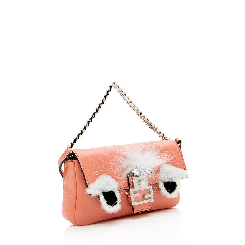 Fendi handbags with a perforated leather detail for a breathable and unique designFendi Nappa Leather Fox Fur Crystal Micro Buggie Baguette Bag (SHF-13762)