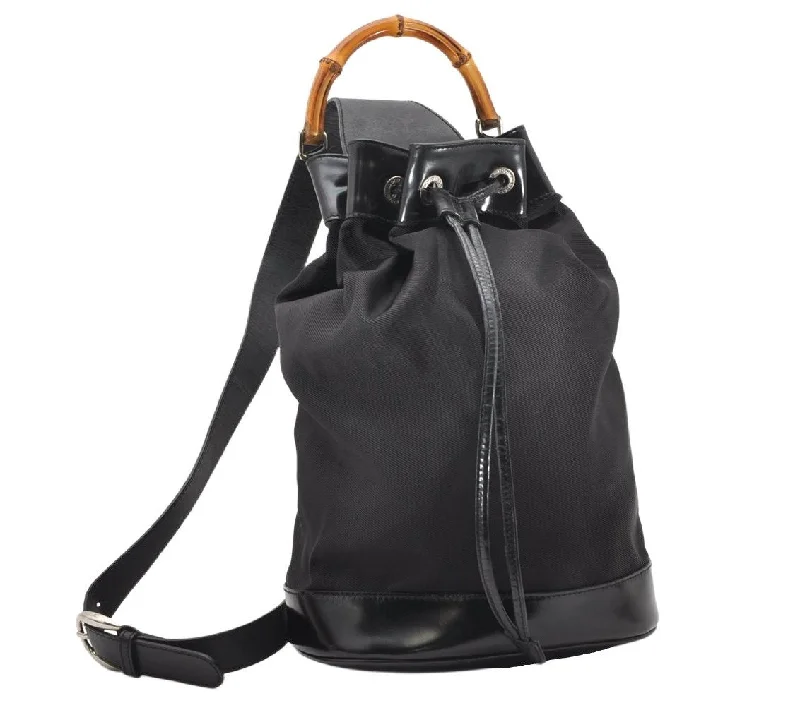 Gucci backpacks for women with a hidden back pocketAuthentic GUCCI Bamboo Shoulder Drawstring Bag Purse Nylon Leather Brown 2790K