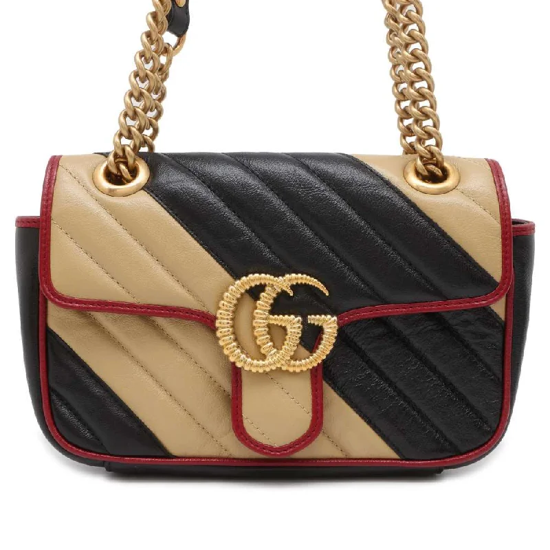 Women Gucci Sylvie bags featuring the signature web stripeGUCCI GG Marmont ChainShoulder Bag Black/Beige 446744 Leather