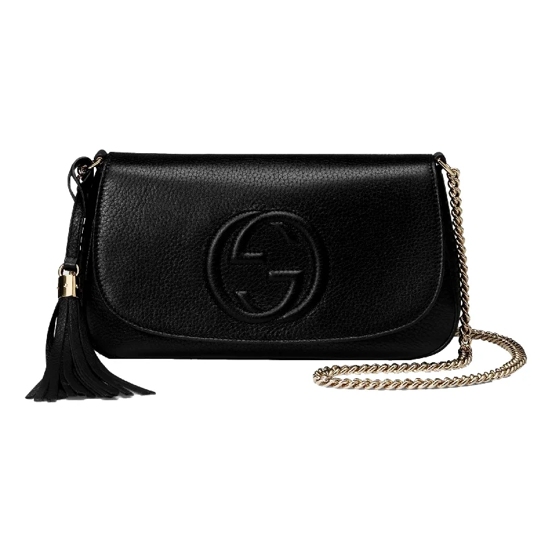 Gucci Marmont bags for women with a contrast - colored interiorGucci Soho Disco GG Black Calf Leather Tassel Chain Crossbody Bag