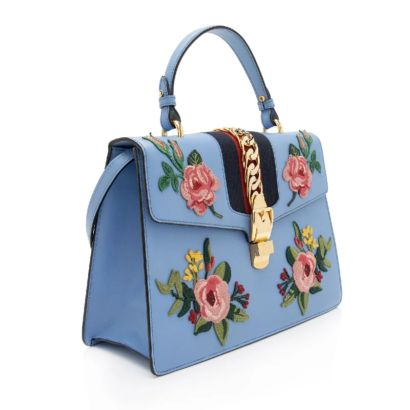 Ladies Gucci shoulder bags with a wide - width strapGucci Embroidered Leather Floral Sylvie Top Handle Bag (SHF-7G6W1J)