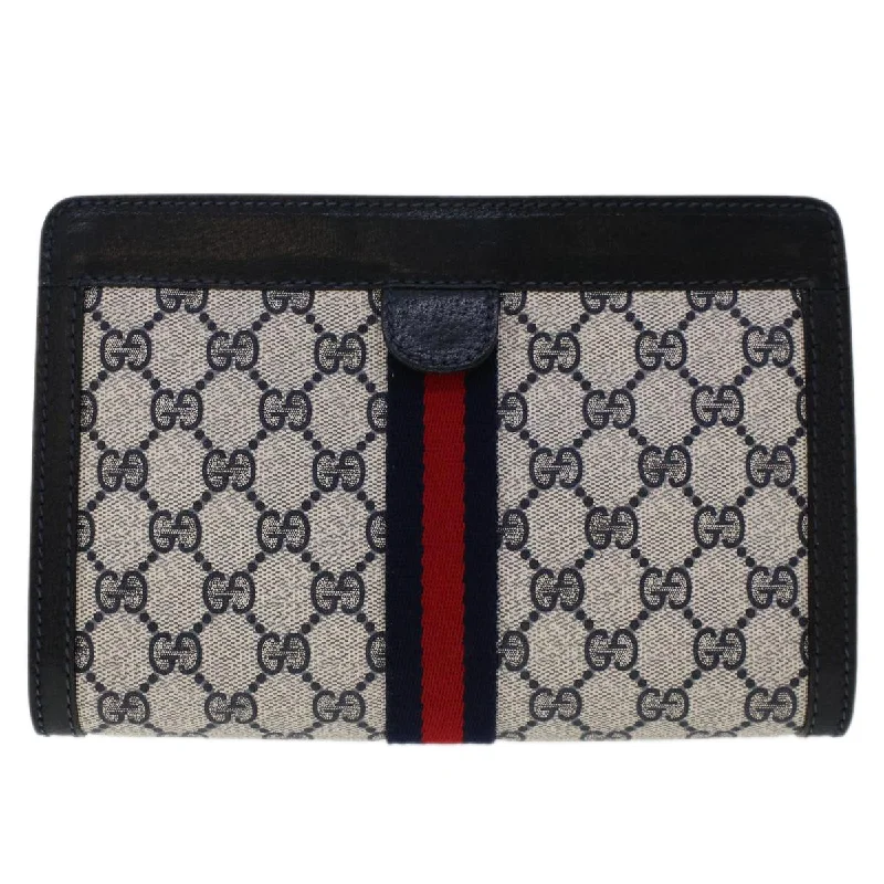 Women Gucci bags with a snap - button closure and a decorative charmGucci GG Canvas Sherry Line Clutch Bag PVC Leather Navy Red  yk7884