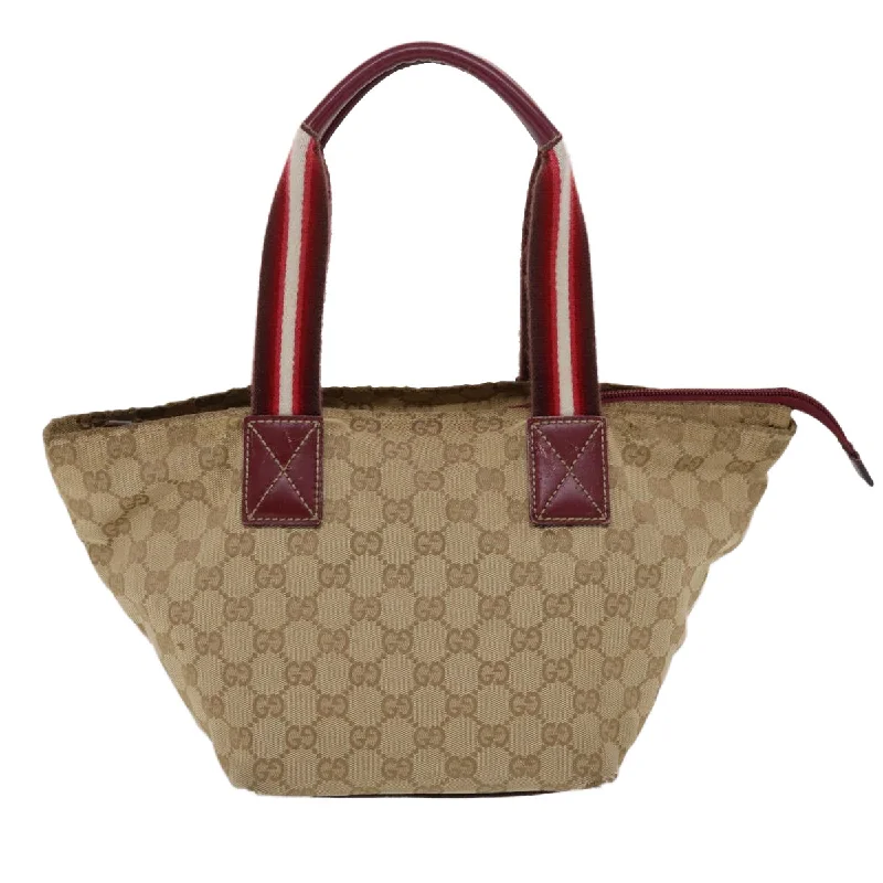 Women Gucci bags with a zippered interior pocketGucci GG Canvas Sherry Line Hand Bag Canvas Beige Red White 131228  49286