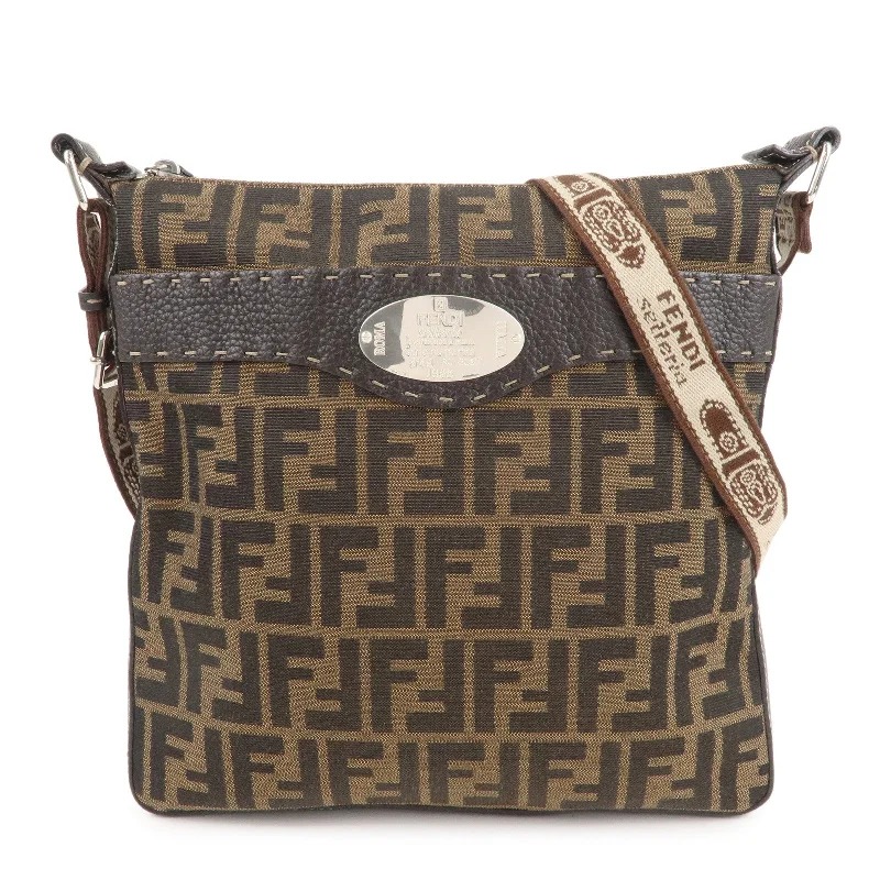 Fendi crossbody bags with a detachable coin purse for added functionality and convenienceFENDI Selleria Zucca Canvas Leather Hand Bag Brown Black 8BT109