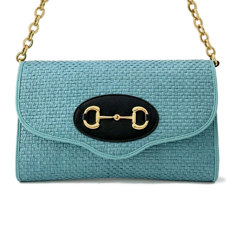 Women Gucci bags with a magnetic snap closure for easy accessGUCCI Horsebit 1955 2wayChainShoulder Bag Blue 655667 Straw Leather