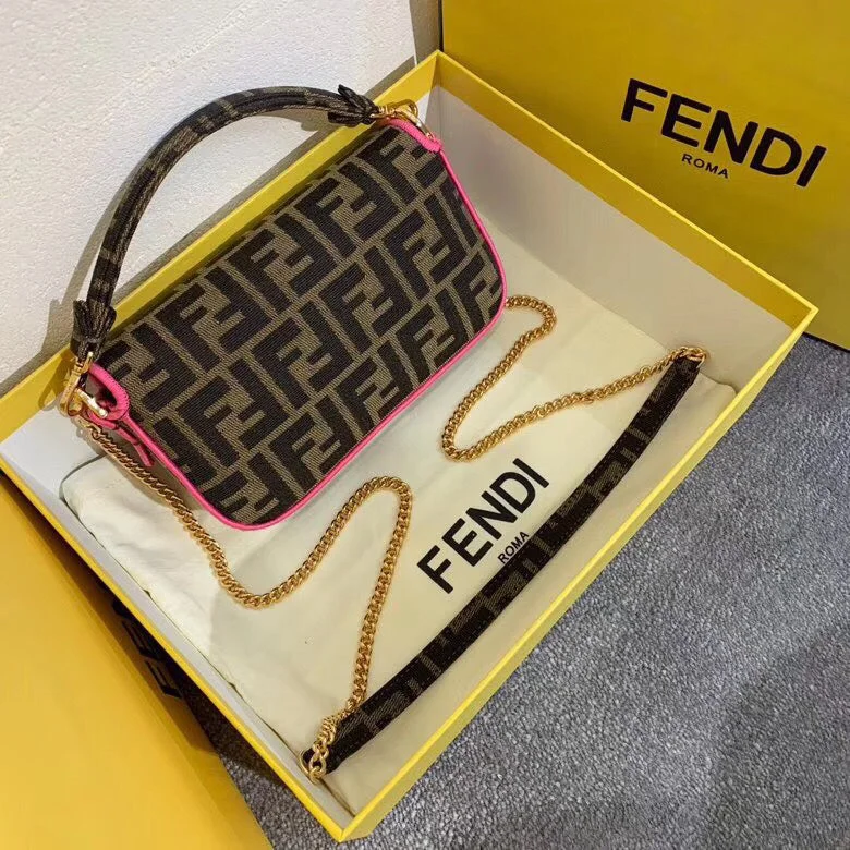 Fendi By The Way bags with a crystal - embellished FF logo for added luxury and glamourFendi Mini Baguette Bag In FF Fabric With Fuchsia Trim