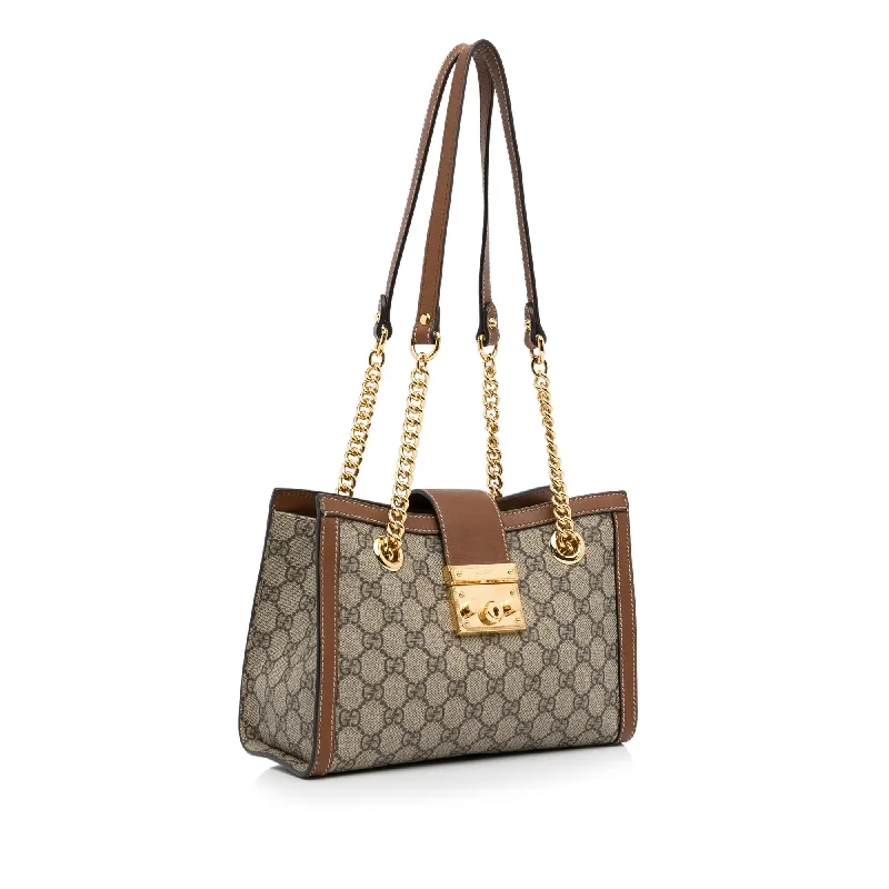 Women Gucci bags with a magnetic snap closure for easy accessGucci Small GG Supreme Padlock Tote (SHG-Sftv9N)