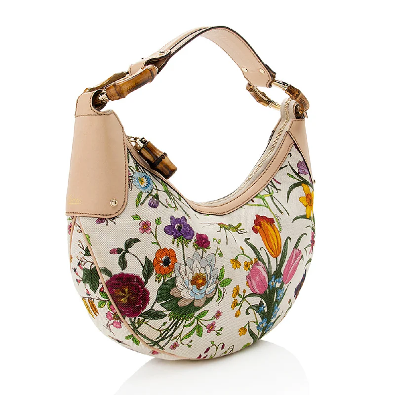 Gucci backpacks for women with a multi - pocket designGucci Flora Bamboo Half Moon Medium Hobo (SHF-19663)