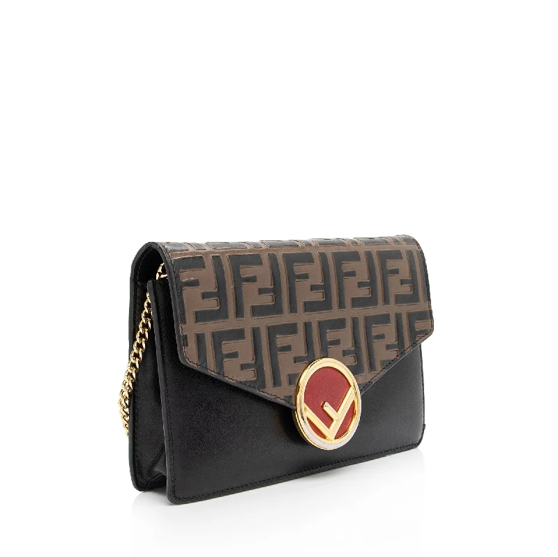 Fendi crossbody bags with a printed floral pattern for a feminine and romantic touchFendi FF Embossed Calfskin Wallet on Chain Mini Bag (SHF-BJP8ux)