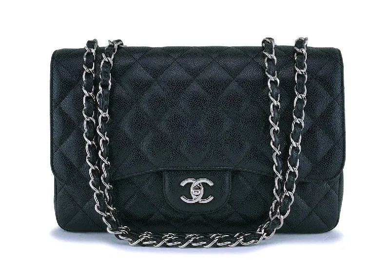 Chanel Handbag with Adjustable Strap for ComfortChanel Black Caviar Jumbo Classic Flap Bag SHW