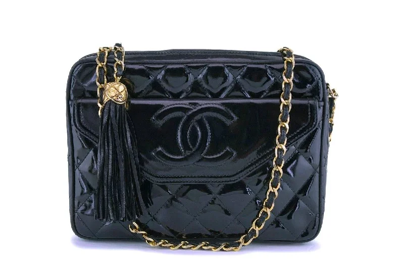 Chanel Designer Handbag with Unique DesignChanel Vintage Black Patent Camera Case Bag 24k GHW