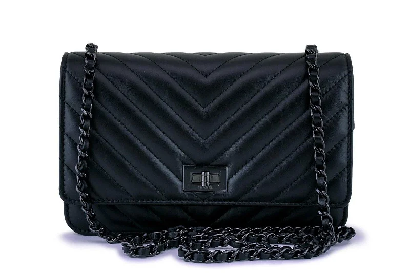 Chanel Handbag with Adjustable Strap for ComfortNIB 17K Chanel So Black Calfskin 2.55 Reissue Chevron WOC Wallet on Chain Bag