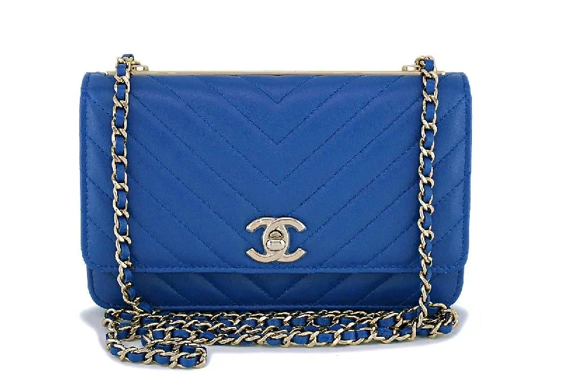 Chanel Colorful Handbag for Spring OutfitsNIB 19C Chanel Blue Chevron Trendy CC WOC Wallet on Chain Flap Bag GHW