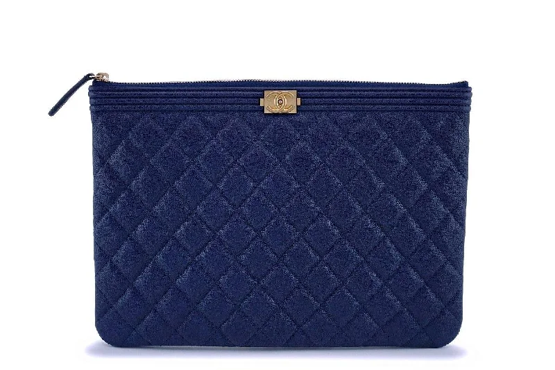 Chanel Black Handbag for Business MeetingsNIB 19C Chanel Indigo Blue Caviar Quilted Boy O Case Clutch Pouch Bag