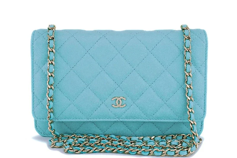 Chanel New Arrival Handbag with Gold HardwareNIB 19C Chanel Lt Turquoise Blue Caviar Classic Wallet on Chain WOC Mini Flap Bag GHW