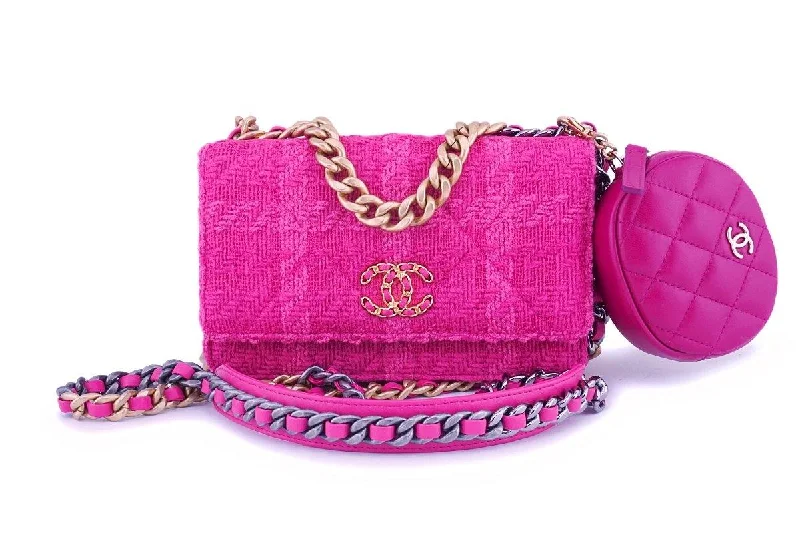 Chanel New Arrival Handbag with Gold HardwareNIB 19K Chanel 19 Fuchsia Pink Tweed Wallet on Chain WOC Flap Bag