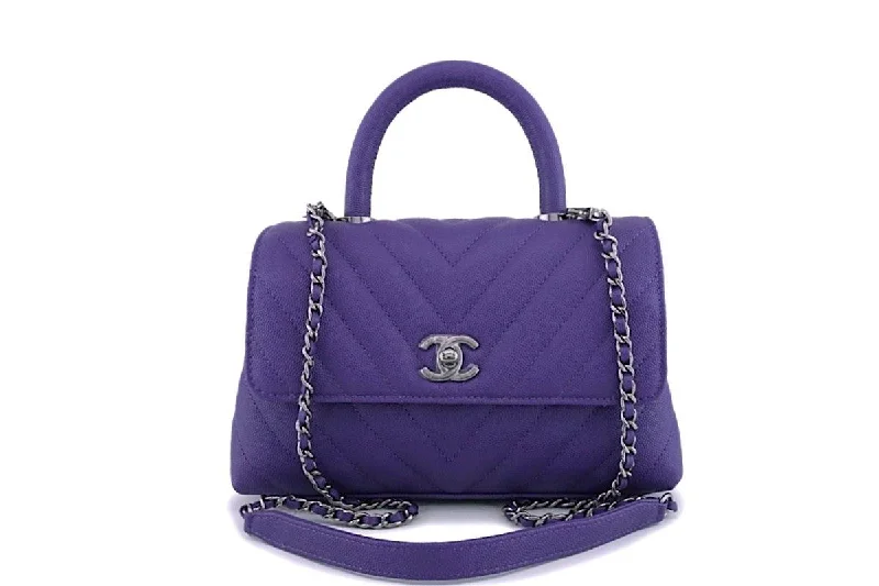 Chanel All - Match Handbag for Versatile StylingNIB 19K Chanel Purple Caviar Small Coco Handle Chevron Flap Bag RHW