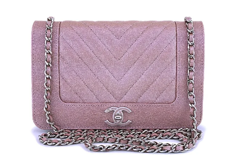 Chanel Luxury Handbag for High - End EventsNIB 19P Chanel Pink Caviar Rose Gold Chevron Wallet on Chain WOC Flap Bag