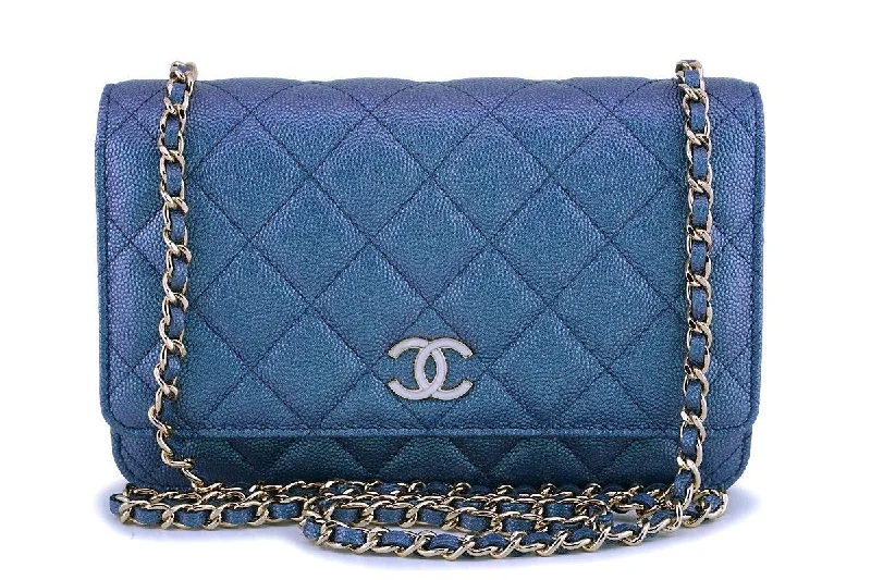 Chanel Vintage Inspired Handbag for Retro LoversNIB 19S Chanel Iridescent Blue Caviar Classic Wallet on Chain Pearly CC WOC Bag