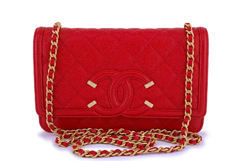 Chanel Luxury Handbag for High - End EventsNIB 18P Chanel Red Caviar Filigree WOC Wallet on Chain Flap Bag