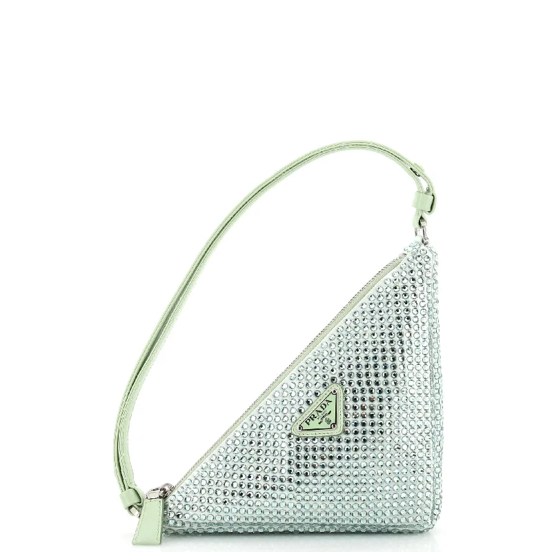 Triangle Top Handle Pouch Bag Crystal Embellished Satin Mini