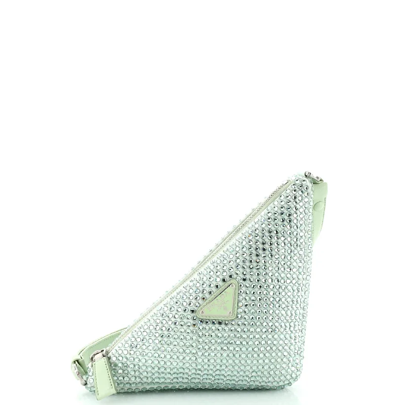 Triangle Top Handle Pouch Bag Crystal Embellished Satin Mini