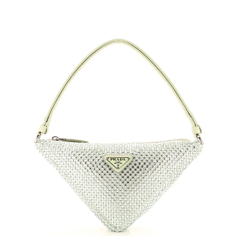 Triangle Top Handle Pouch Bag Crystal Embellished Satin Mini